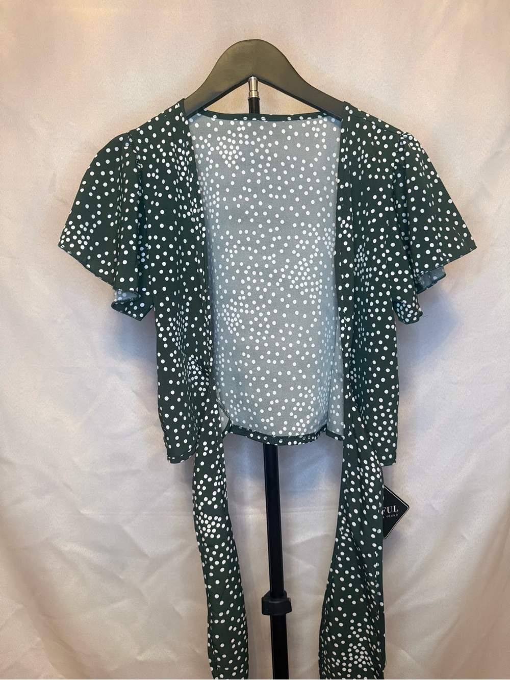 Zaful Dark Green White Polka Dot Open-Front Kimono